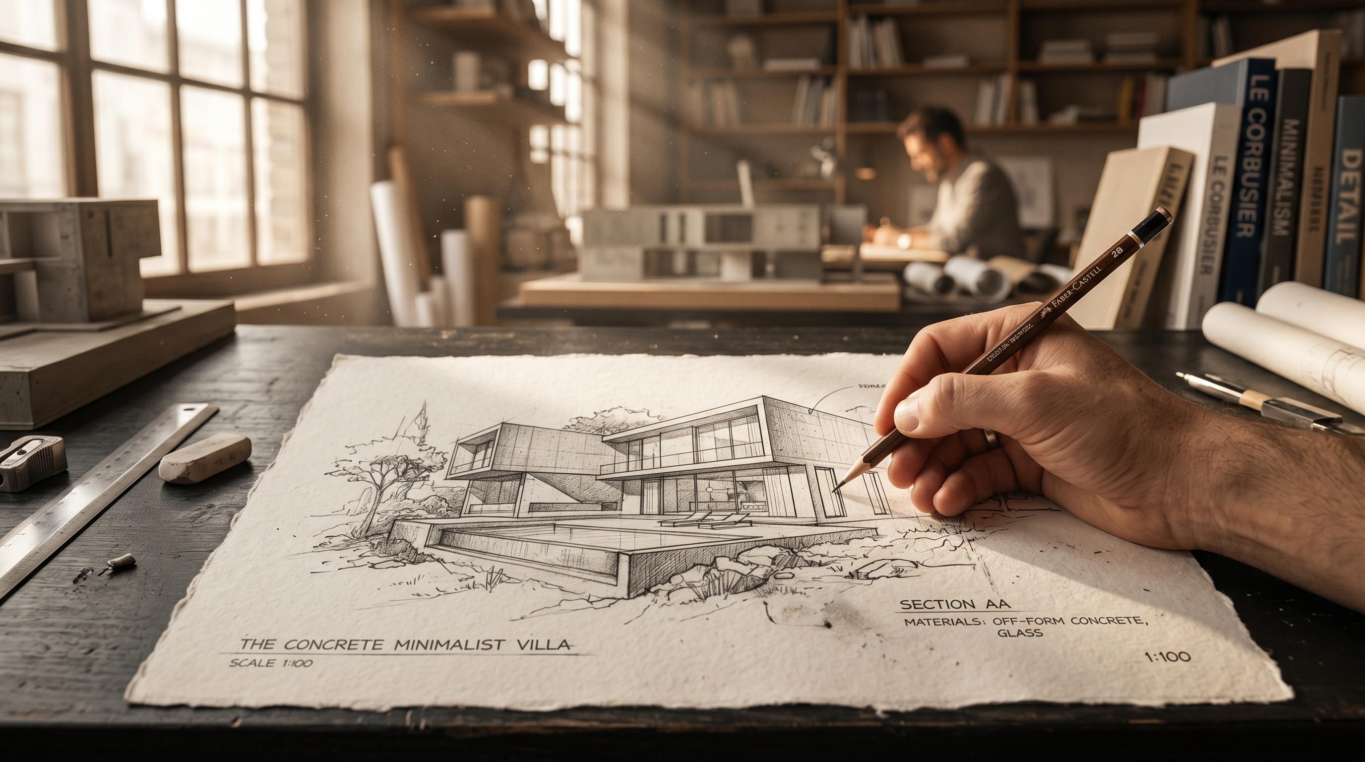 Architect sketching in a sunlit studio