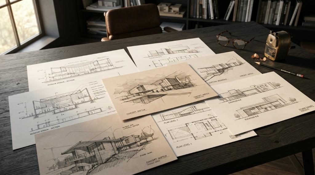 Architectural drawings and plans spread across a studio desk